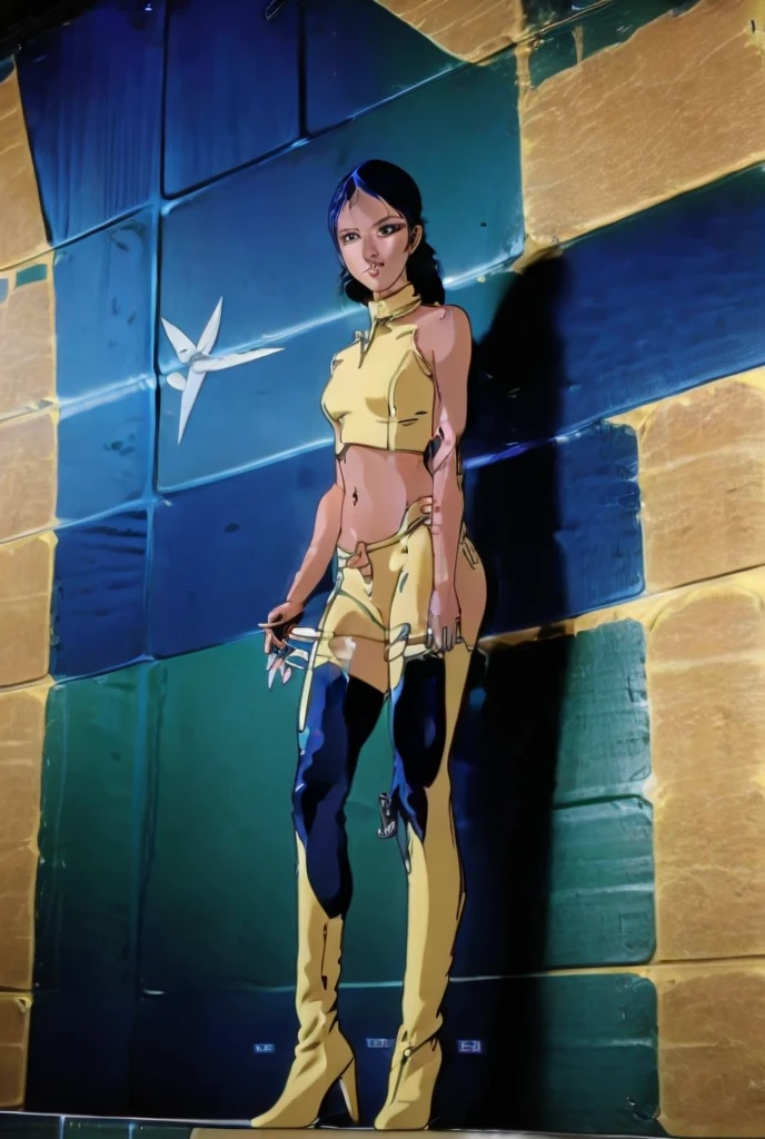Anime girl in latex poses for a photo in front of a wall, Lara'asun、bikini、Aeon Flux Style, Mixed Style Eon Flux, AEON Flux Style Mix, Style、A blend of eternal flow, Nico Robin, Inspired by Masamune Shirow, Cassandra Cain in Satin, Perfect anime cyborg woman, A girl designed by Hajime Sorayama