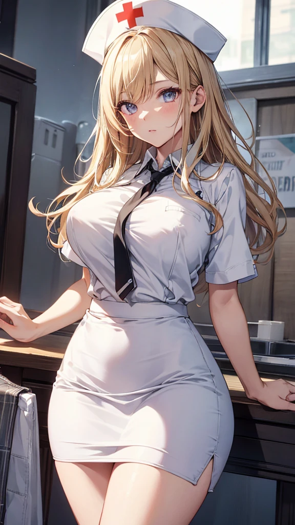 i girl,solo,kurvy,large ,nurse,white clothed,cap,blonde hair,(white pencil skirt:1.3),miniskirt,pantylihite panty,Syring-quality,Top image quality,perfect anatomy,masterpiece,ultra-detailliert,Beautiful、ultra-quality, best quality,high resolution, ultra-detailed,game cg,dutch angle ,beautiful detailed eyes, visualart,five fingers, perfect hands,