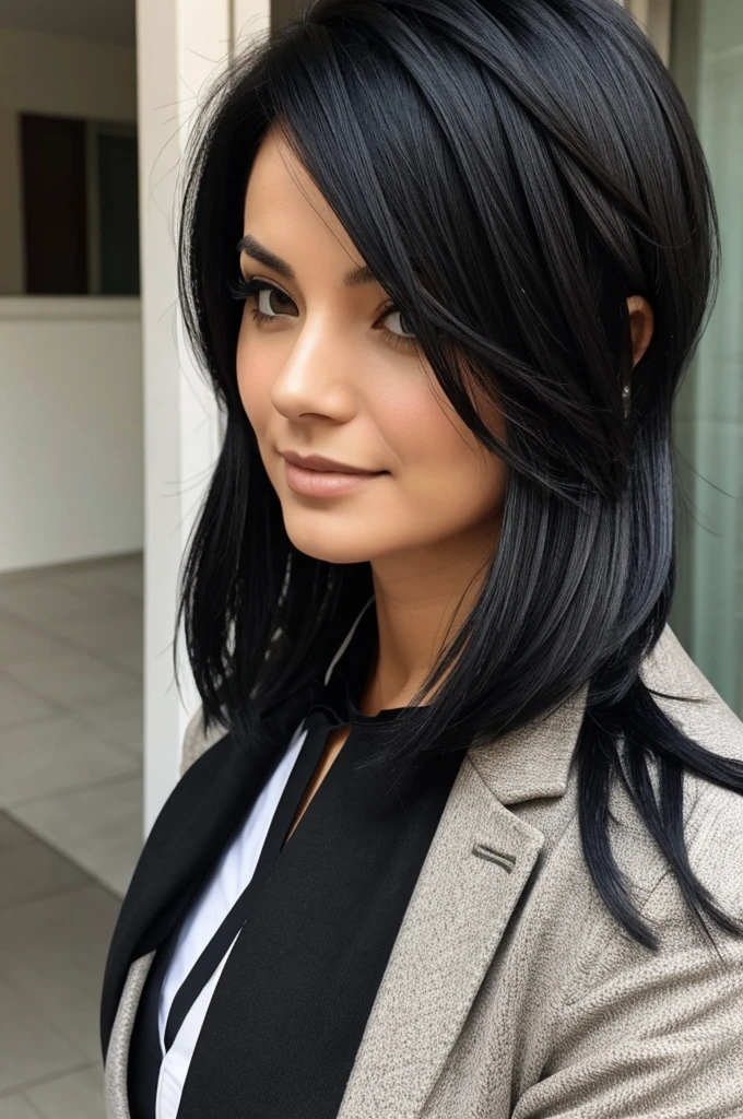 Lawyer with short black layered hair