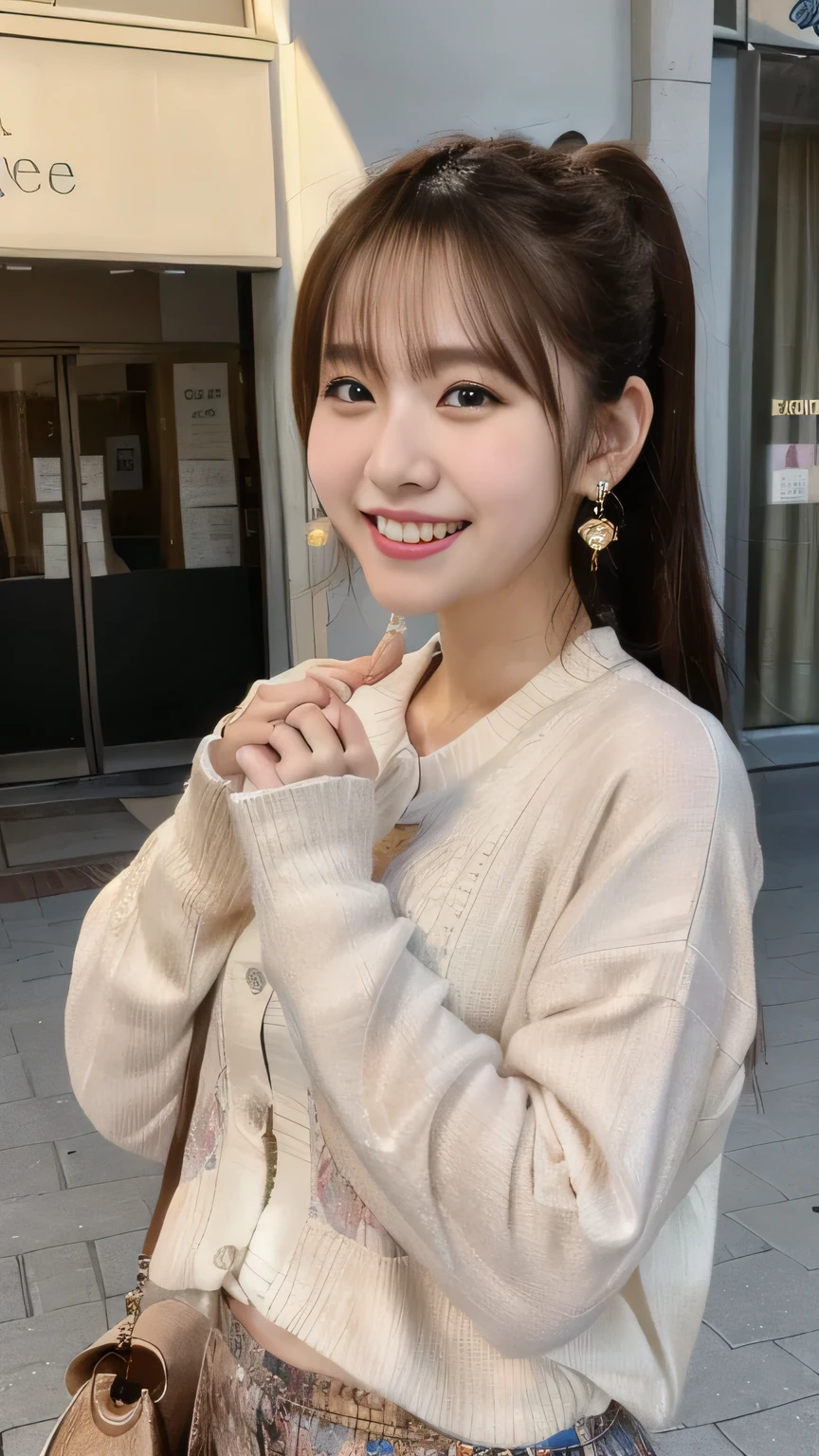 (8k、RAW Photos、Highest quality、masterpiece:1.2)、(Realistic、Photorealistic:1.37)、Ultra-detailed、Ultra-high resolution、1 fair-skinned girl、Beautifully detailed face、On the street、Whole Body Ezbian、ponytail、Handbags、cardigan、flare skirt、(Glowing Earrings)、Laughter