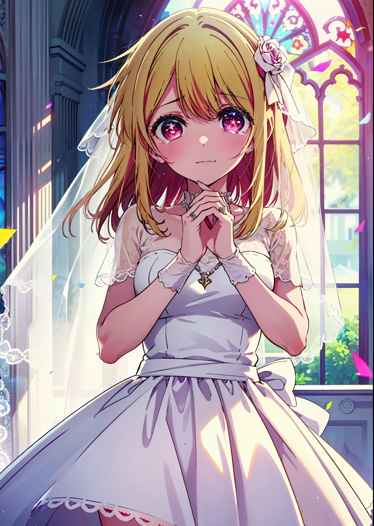 rubyhoshino, Ruby Hoshino, Long Hair, bangs, Blonde, (Pink Eyes:1.3), (Symbol-shaped pupil:1.5), Multicolored Hair, Two-tone hair, smile,Open your mouth,Close both eyes,Tears stream down her face,Tears of joy,I cry a lot,Wedding dress,Bare neck,necklace,Short sleeve,Wedding Skirts,Veil,Holding a bouquet in both hands,wedding,Flower storm,
break indoors, church,Chapel,
break looking at viewer,Upper Body, (Cowboy Shot:1.5),
break (masterpiece:1.2), Highest quality, High resolution, unity 8k wallpaper, (figure:0.8), (Beautiful attention to detail:1.6), Highly detailed face, Perfect lighting, Highly detailed CG, (Perfect hands, Perfect Anatomy),