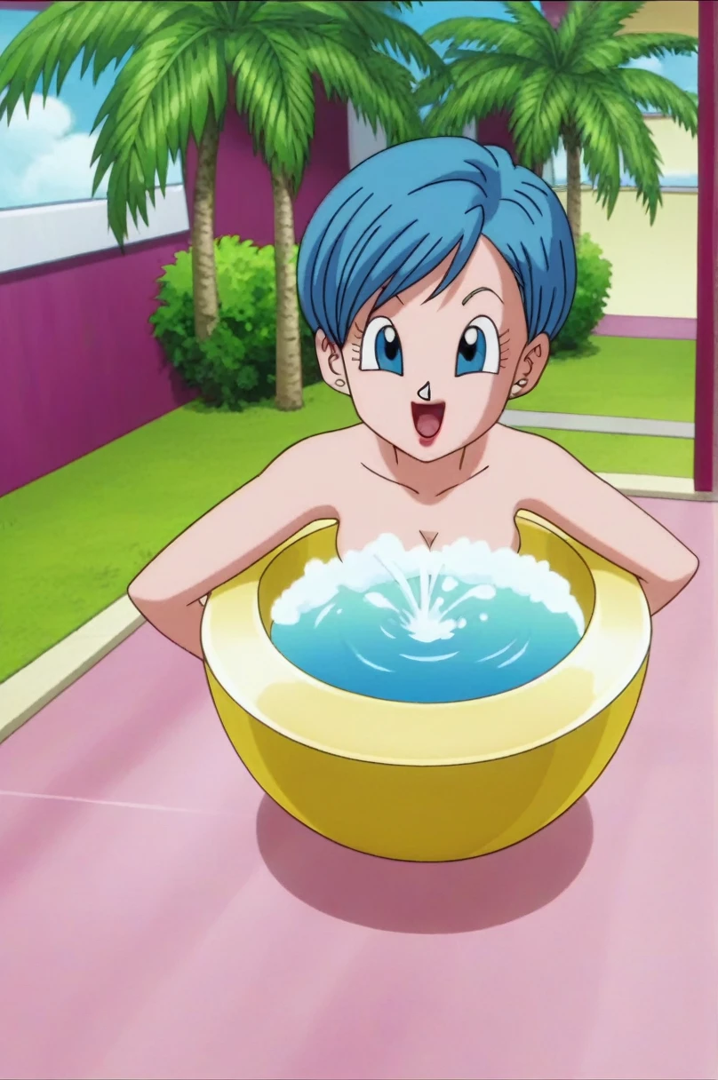 fountain_cheered up, score_9, score_8_above, score_7_above, cheered up screencap,8k, absurd resolution,
BULMA, 1 girl, Alone, old, SMILE, short hair, bowl cut, nose, Open mouth, nose, Blue eyes, neckline, jewelry, medium old, aboveper body, :d, outdoor, sky, day, cloud, tree, palm tree, Official style, cheered up coloring, portrait, medium tits, medium ass, sexy, Wide hips, nude, vagina