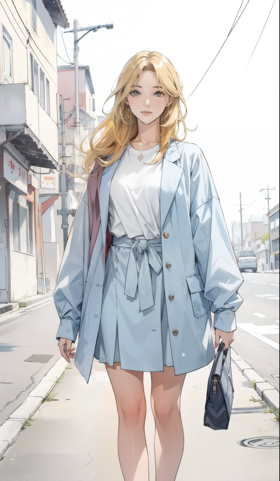 Masterpiece, photo realistic hyper details, a woman in a white shirt, pastel blue colour mini short, simple style, wearing elegant casual clothes, muted red, simple clothes, milk and blue style, casual transparent clothing style, wet, modern fashion outfit, wearing a fisher , casual modern clothing, inspo, red clothes, blue oversized jacket, brosshort, neutral tones, red and white color scheme, casual business outfit,cute face, nike shoes, 22 years old, adult face, long hair, ((yellow hair)), street traditional festival