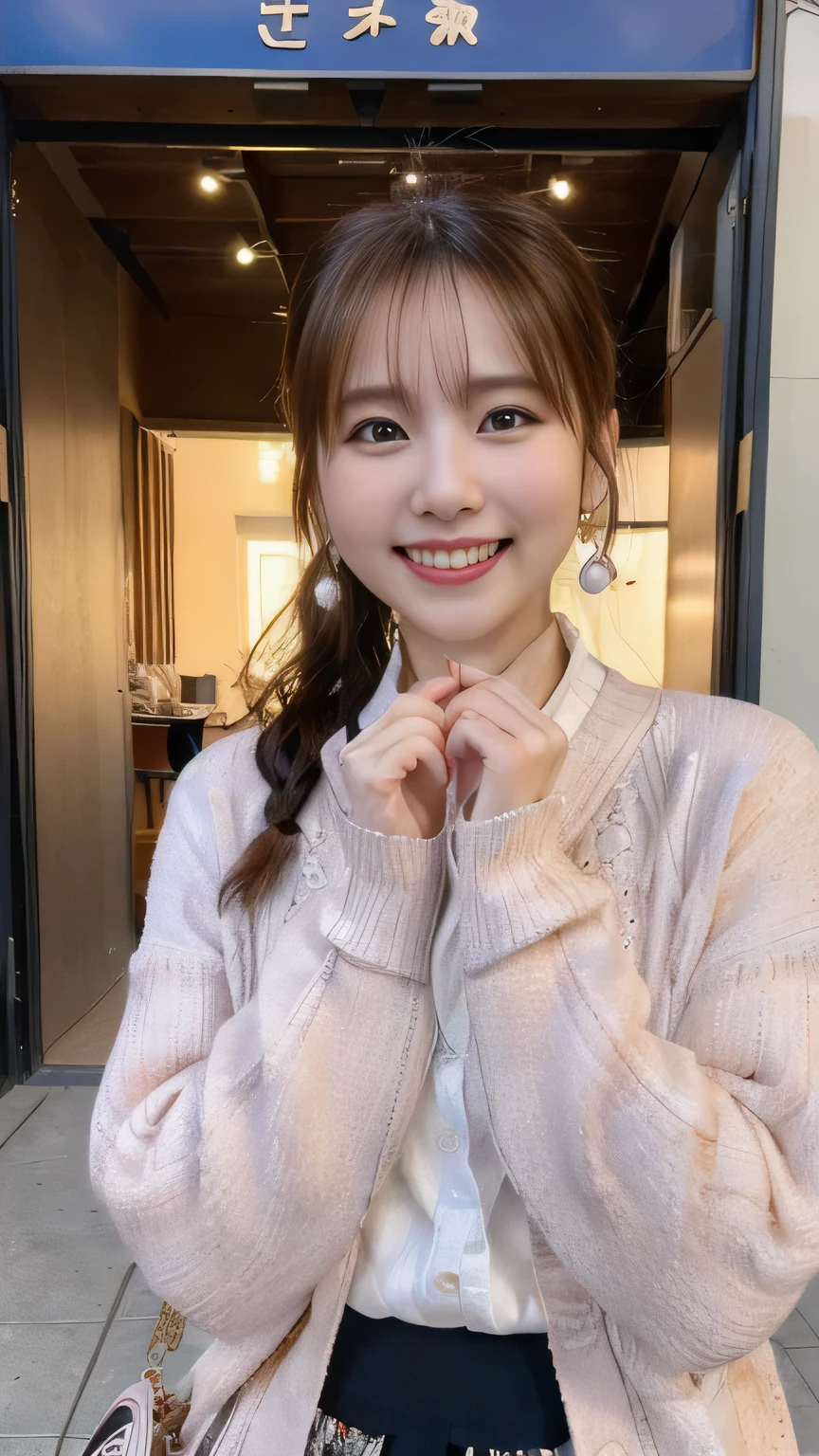 (8k、RAW Photos、Highest quality、masterpiece:1.2)、(Realistic、Photorealistic:1.37)、Ultra-detailed、Ultra-high resolution、1 fair-skinned girl、Beautifully detailed face、On the street、Whole Body Ezbian、ponytail、Handbags、cardigan、flare skirt、(Glowing Earrings)、Laughter