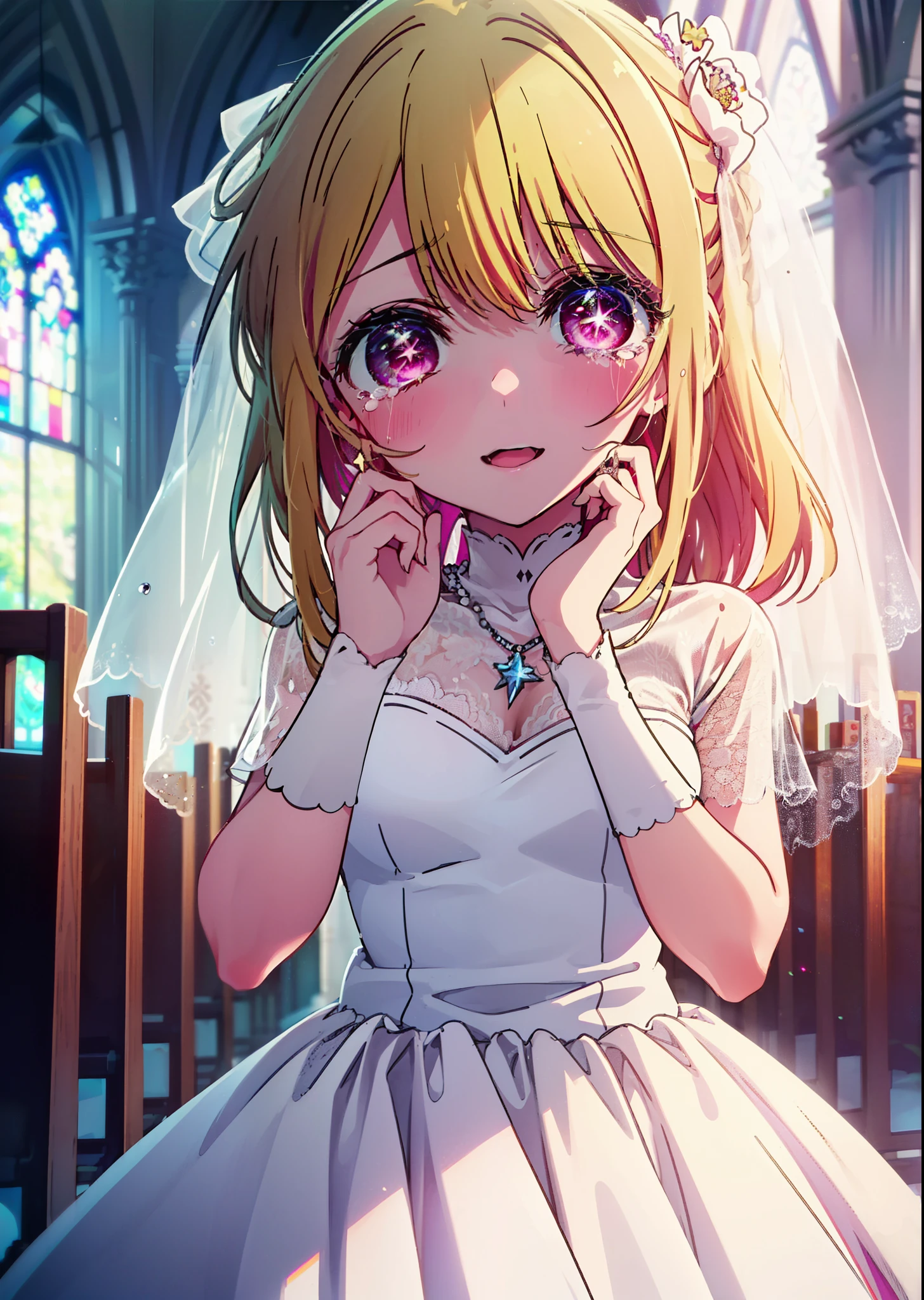 rubyhoshino, Ruby Hoshino, Long Hair, bangs, Blonde, (Pink Eyes:1.3), (Symbol-shaped pupil:1.5), Multicolored Hair, Two-tone hair, smile,Open your mouth,Close both eyes,Tears stream down her face,Tears of joy,I cry a lot,Wedding dress,Bare neck,necklace,Short sleeve,Wedding Skirts,Veil,Holding a bouquet in both hands,wedding,Flower storm,
break indoors, church,Chapel,
break looking at viewer,Upper Body, (Cowboy Shot:1.5),
break (masterpiece:1.2), Highest quality, High resolution, unity 8k wallpaper, (figure:0.8), (Beautiful attention to detail:1.6), Highly detailed face, Perfect lighting, Highly detailed CG, (Perfect hands, Perfect Anatomy),