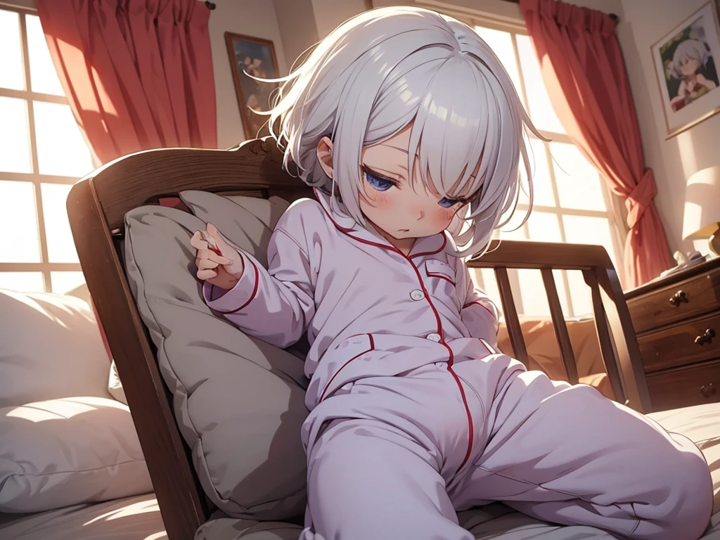 an anime image of a small boy with white hair wearing a thick diaper underneath a onesie pajama, sleeping in a crib, (1boy), adorable, masterpiece, extremely detailed, beautiful eyes, sharp focus, vivid colors, studio lighting, intricate details, soft textures, cozy atmosphere, high quality,