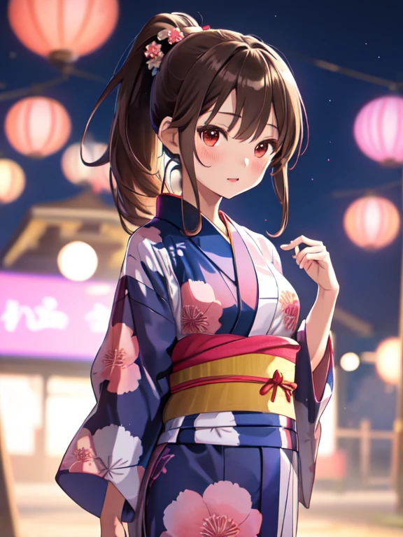 yukata, Cute face:1.5, Petite:1.5, 15 years old, Long Hair:1.5, ponytail, Brown Hair, Small breasts, uhd, retina, masterpiece, ccurate, anatomically correct, textured skin, super detail, high details, high quality, best quality, highres, 4K