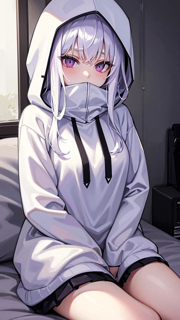 Pale introvert, hiding inside oversized hoodie, curling up in bed, crossed legs, hoodie covering mouth, pale skin, white hair, purple eyes