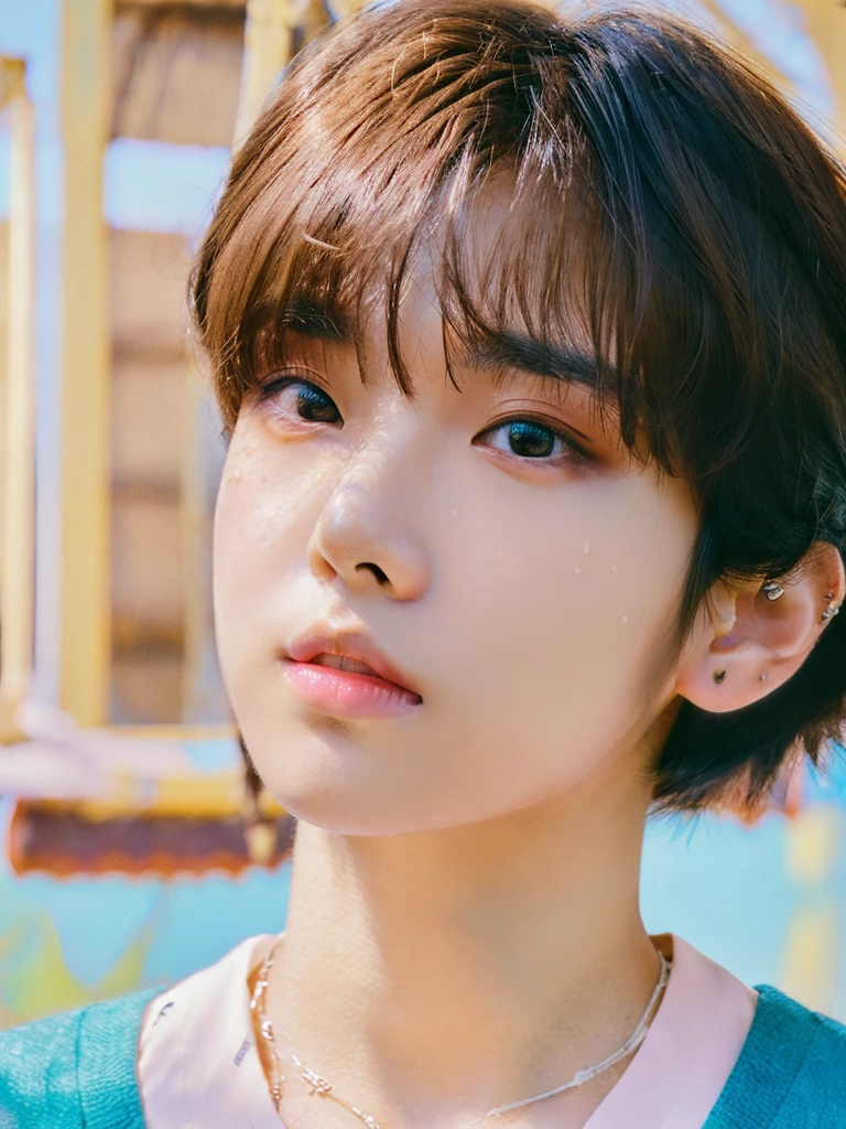 a beautiful young boy, ( Japanese boy ), wavy brown hair, detailed skin, (20 years old), (skin details, natural skin, skin pore), big blue eyes, cute round face, kawaii sugar baby face, natural lighting, id photo, top shot, close up photo, (best resolution, high resolution ,masterpiece:1.2),ultra-detailed, dramatic light ,cinematic ,highly detailed portrait,