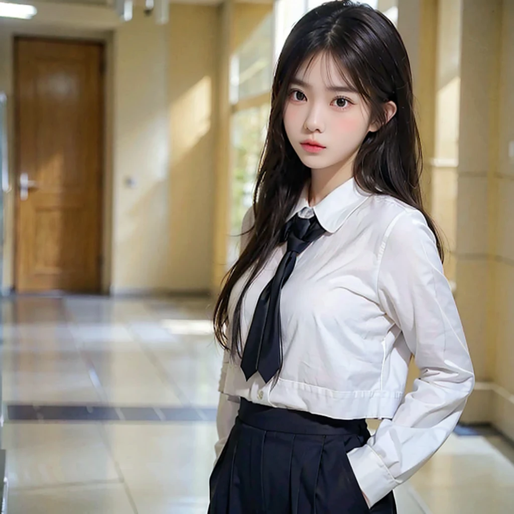 Beautiful girl, wearing a school uniform, white clothes, black trousers and gray school alma mater, flat expression, bad girl expression, oval layered hair, background in the school hallway, korean face girl