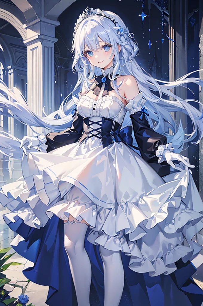 A woman with white hair and blue eyes、adult、Long, fluffy wavy hair、Braiding、Wearing hair ornaments、Smiling、Princess、White gloves、Blue-tinted dress、ribbon、Decorations such as roses and drops、race、The dress is short in the front and long in the back、Garter Ring、short boots、Fantasy