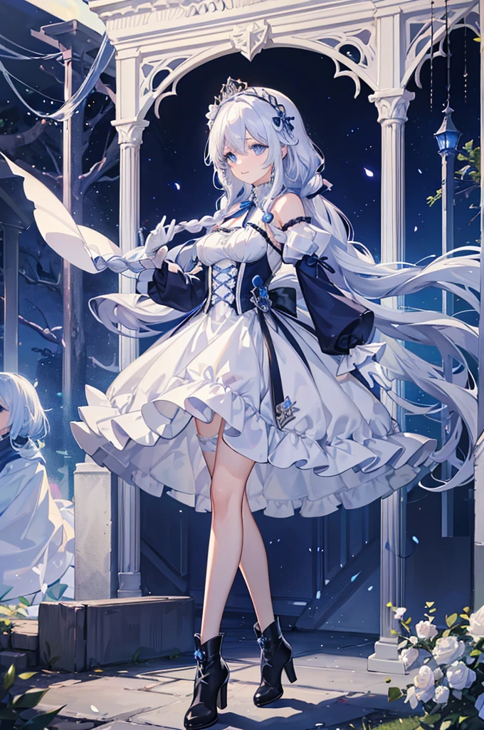 A woman with white hair and blue eyes、adult、Long, fluffy wavy hair、Braiding、Wearing hair ornaments、Smiling、Princess、White gloves、Blue-tinted dress、ribbon、Decorations such as roses and drops、race、The dress is short in the front and long in the back、Garter Ring、short boots、Fantasy