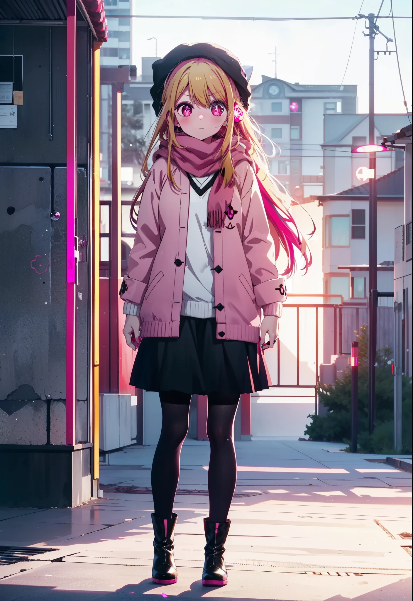 rubyhoshino, Ruby Hoshino, Long Hair, bangs, Blonde, (Pink Eyes:1.3), (Symbol-shaped pupil:1.5), Multicolored Hair, Two-tone hair, Earmuffs,Knitted hat,Purple Scarf,Red long coat,V-neck sweater,Long skirt,Black Pantyhose,short boots,Standing leaning against a wall,Snow is piling up,it&#39;s snowing,whole bodyがイラスト入るように,Hiding in a roofed building,
break outdoors, construction area,
break looking at viewer, whole body,
break (masterpiece:1.2), Highest quality, High resolution, unity 8k wallpaper, (shape:0.8), (Beautiful attention to detail:1.6), Highly detailed face, Perfect lighting, Extremely detailed CG, (Perfect hands, Perfect Anatomy),