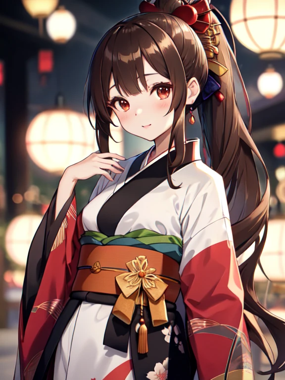 Long-sleeved kimono, Cute face:1.5, Petite:1.5, 15 years old, Long Hair:1.5, ponytail, Brown Hair, Small breasts, uhd, retina, masterpiece, ccurate, anatomically correct, textured skin, super detail, high details, high quality, best quality, highres, 4K