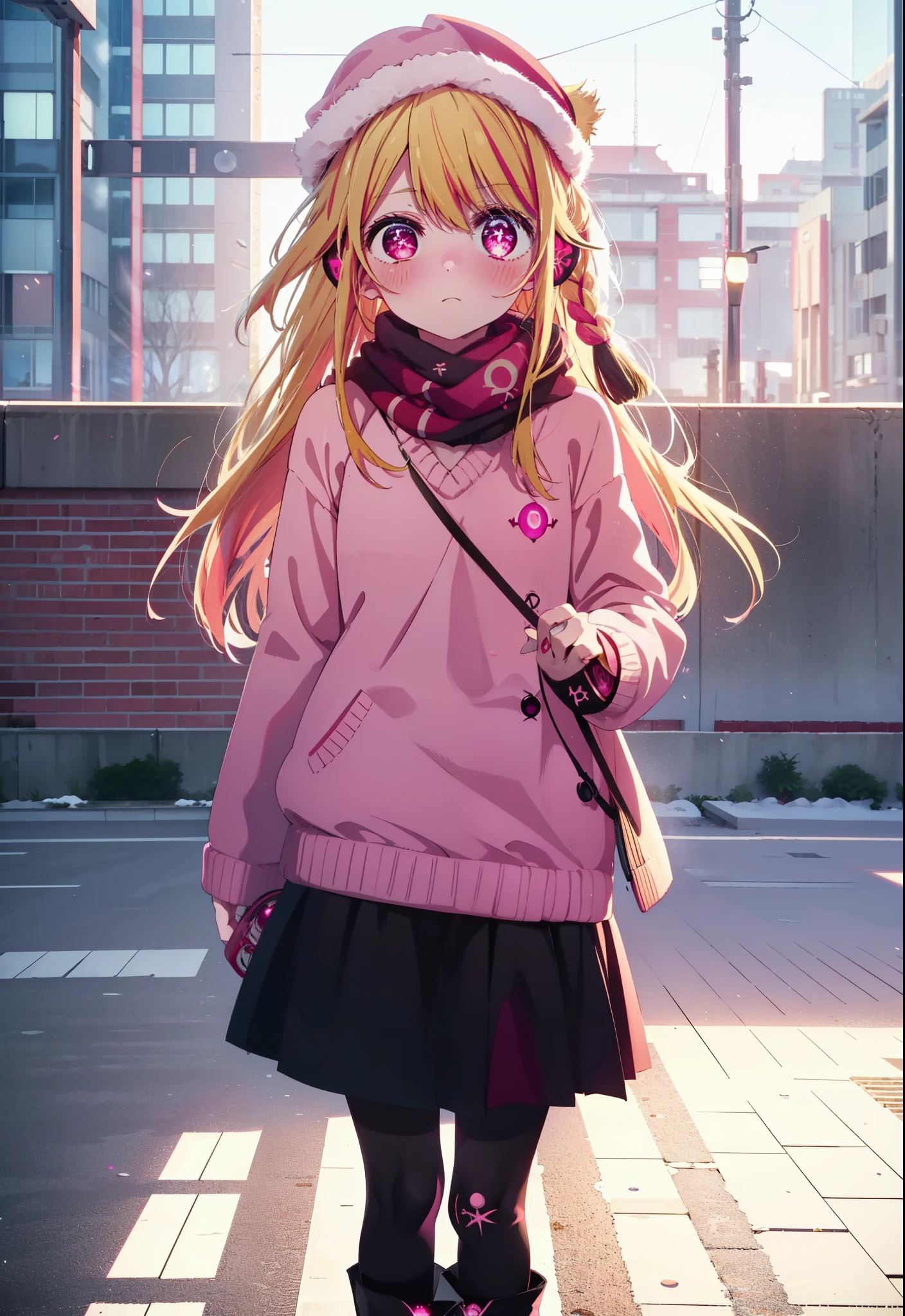 rubyhoshino, Ruby Hoshino, Long Hair, bangs, Blonde, (Pink Eyes:1.3), (Symbol-shaped pupil:1.5), Multicolored Hair, Two-tone hair, Earmuffs,Knitted hat,Purple Scarf,Red long coat,V-neck sweater,Long skirt,Black Pantyhose,short boots,Standing leaning against a wall,Snow is piling up,it&#39;s snowing,whole bodyがイラスト入るように,Hiding in a roofed building,
break outdoors, construction area,
break looking at viewer, whole body,
break (masterpiece:1.2), Highest quality, High resolution, unity 8k wallpaper, (shape:0.8), (Beautiful attention to detail:1.6), Highly detailed face, Perfect lighting, Extremely detailed CG, (Perfect hands, Perfect Anatomy),