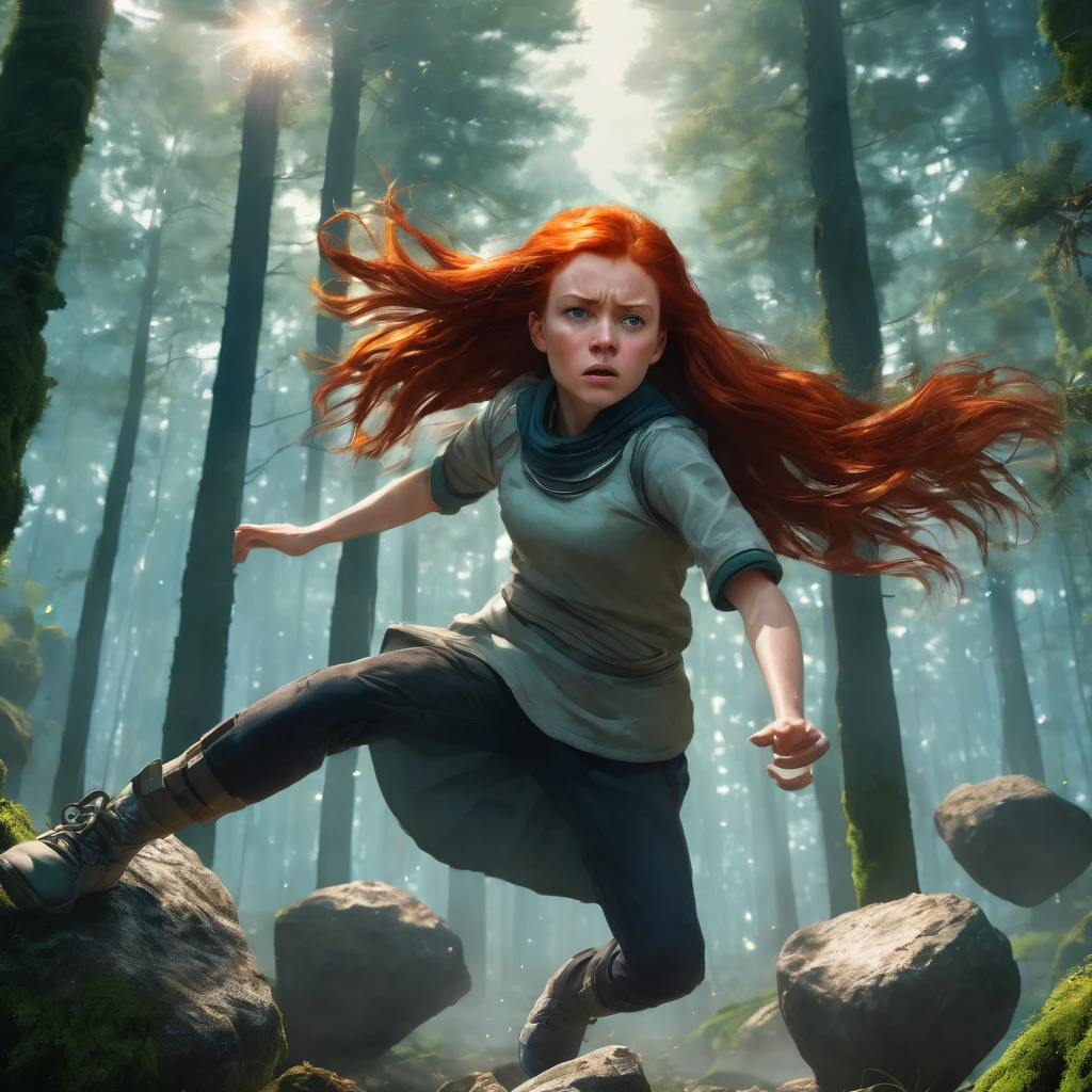 a beautiful angry 12 year old redheaded girl using telekinesis floats a large rock in the air a few centimeters off the ground in a realistic sci-fi forest