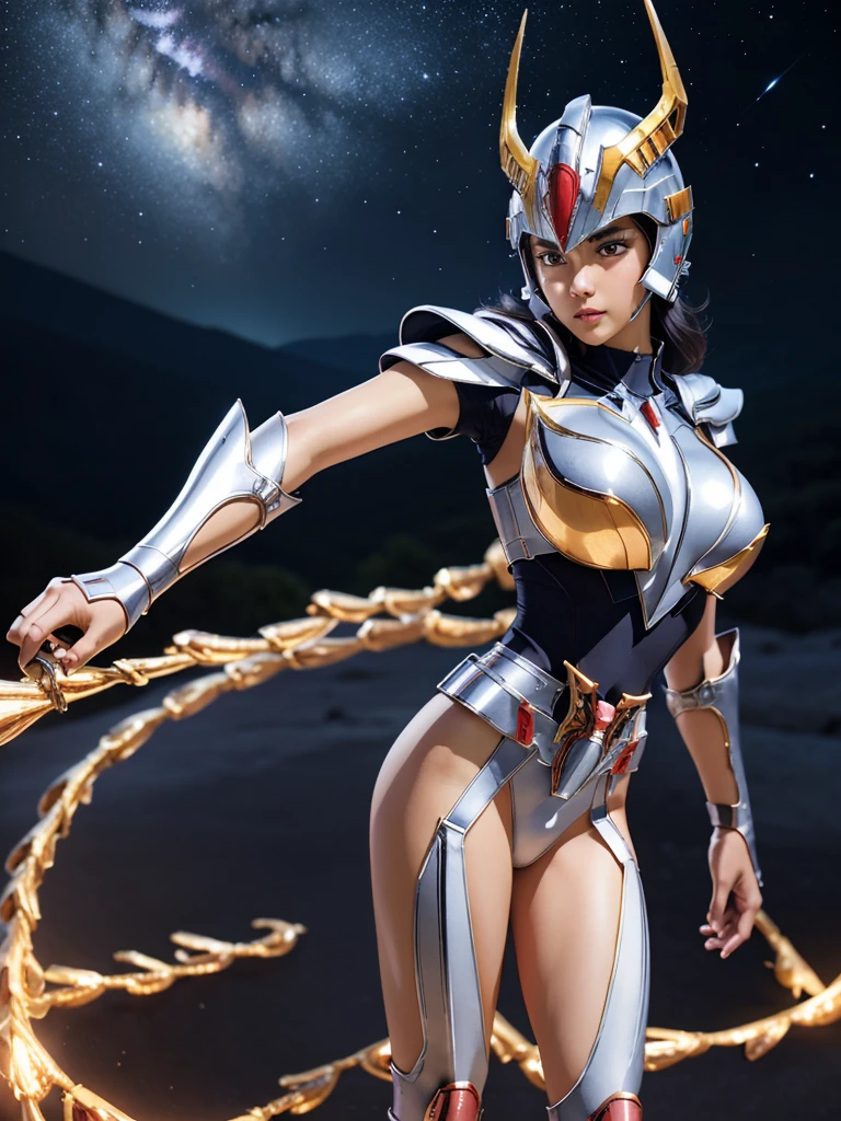 masterpiece, best quality, ultra high res, realistic skin texture, armature, (photorealistic:1.4), high resolution, raw photo, 1 girl, shiny skin, (detail skin:1.2), realistic skin texture, best lighting, sparkle, mecha armor, dramatic lighting, dynamic pose, (greek temple background:1.1), (night:1.2), (night sky), cosmos, milky way, golden armor, (cleavage), Phoenix_Ikki, (big breast), (helmet:1.2), tanned skin, black hair, (silver chest guard:1.3), (helmet), blue shirt, volcano, lava, serious face
