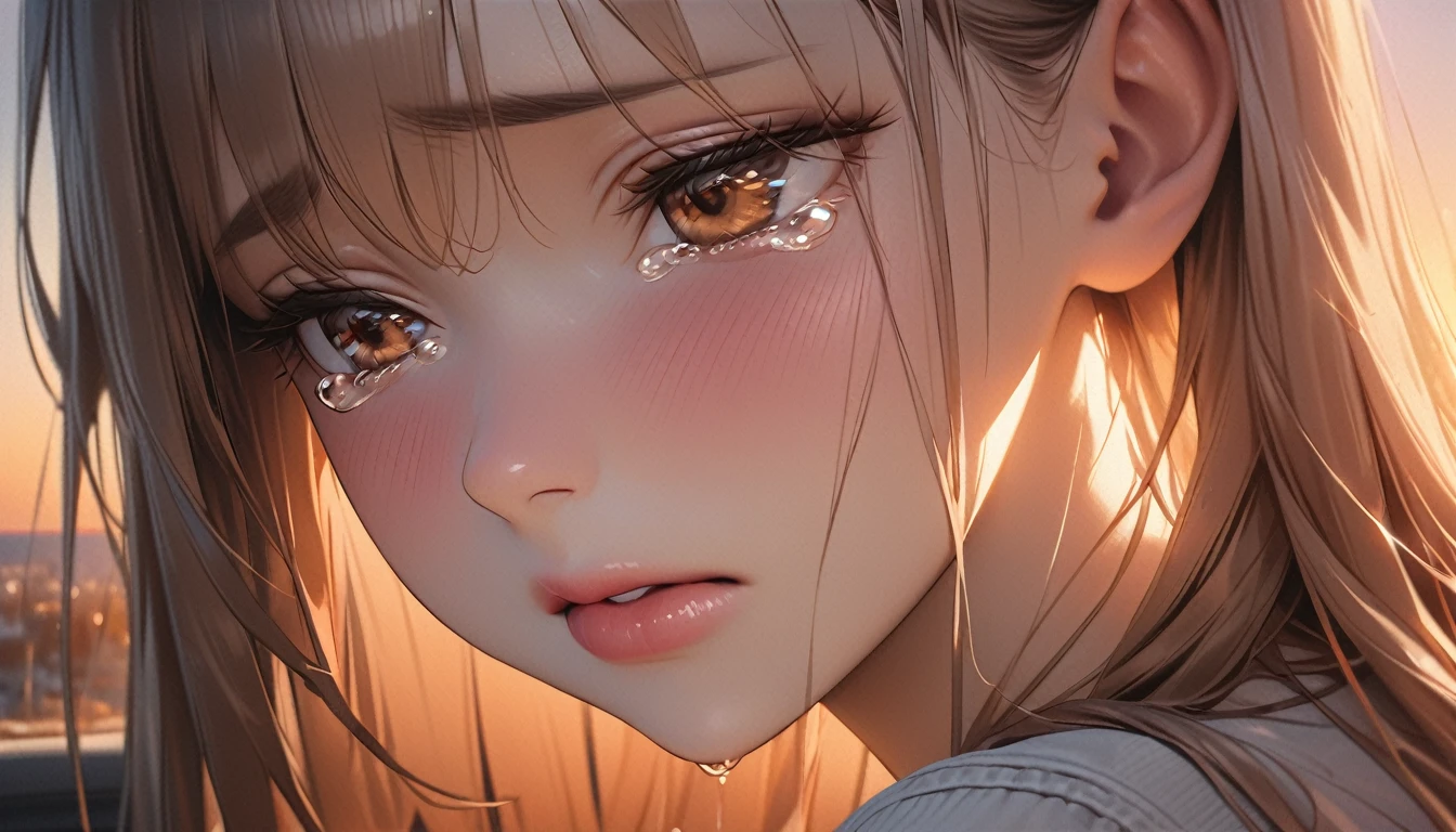 (best quality, masterpiece, ultra detailed, ultra high res, photorealistic, raw photo, absolutely resolution), A close-up of a woman's face with tears streaming down her cheeks, set against a soft, warm background of sunset hues, capturing deep emotions of love and sorrow