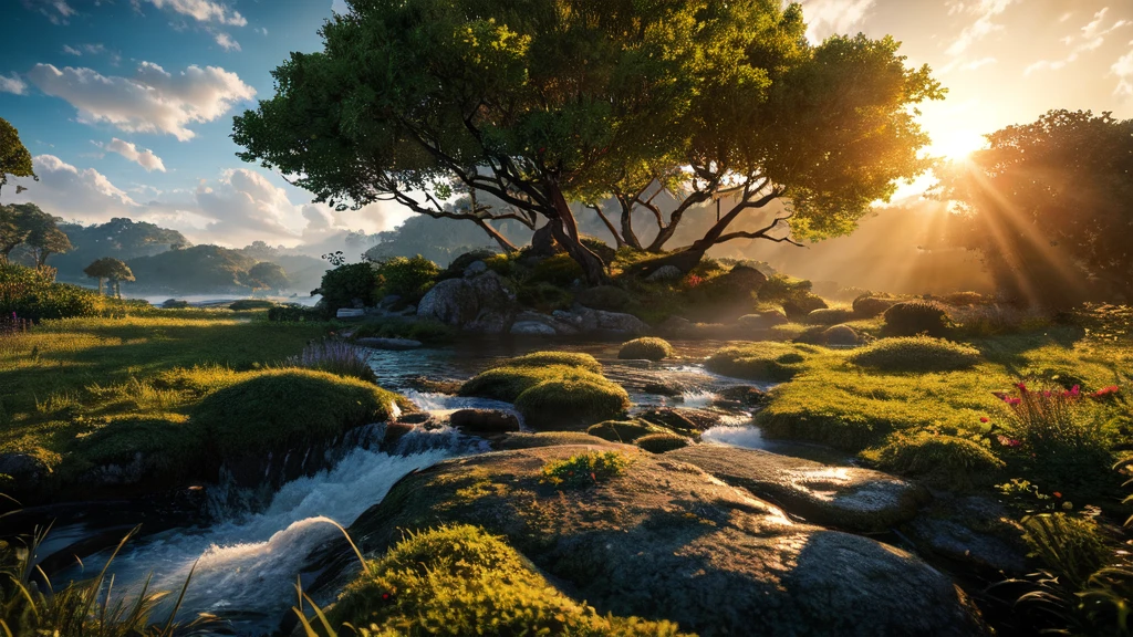 Masterpiece of unparalleled quality, crafted in high resolution CG unity 8k wallpaper, showcases an enchanting outdoor scenery with towering null, a vast expanse of shimmering blue lake, and a captivating waterfall cascading down from a cliff. The landscape is adorned with intricately detailed trees and woodland, with sunlit rays filtering through the canopy, casting dappled shadows on the forest floor. The cloudy Day sky is tered with magnificent and realistic clouds, adding depth and dynamism to the scene. Not a human figure is present, allowing nature to take center stage in its full splendor and glory. This masterpiece of
