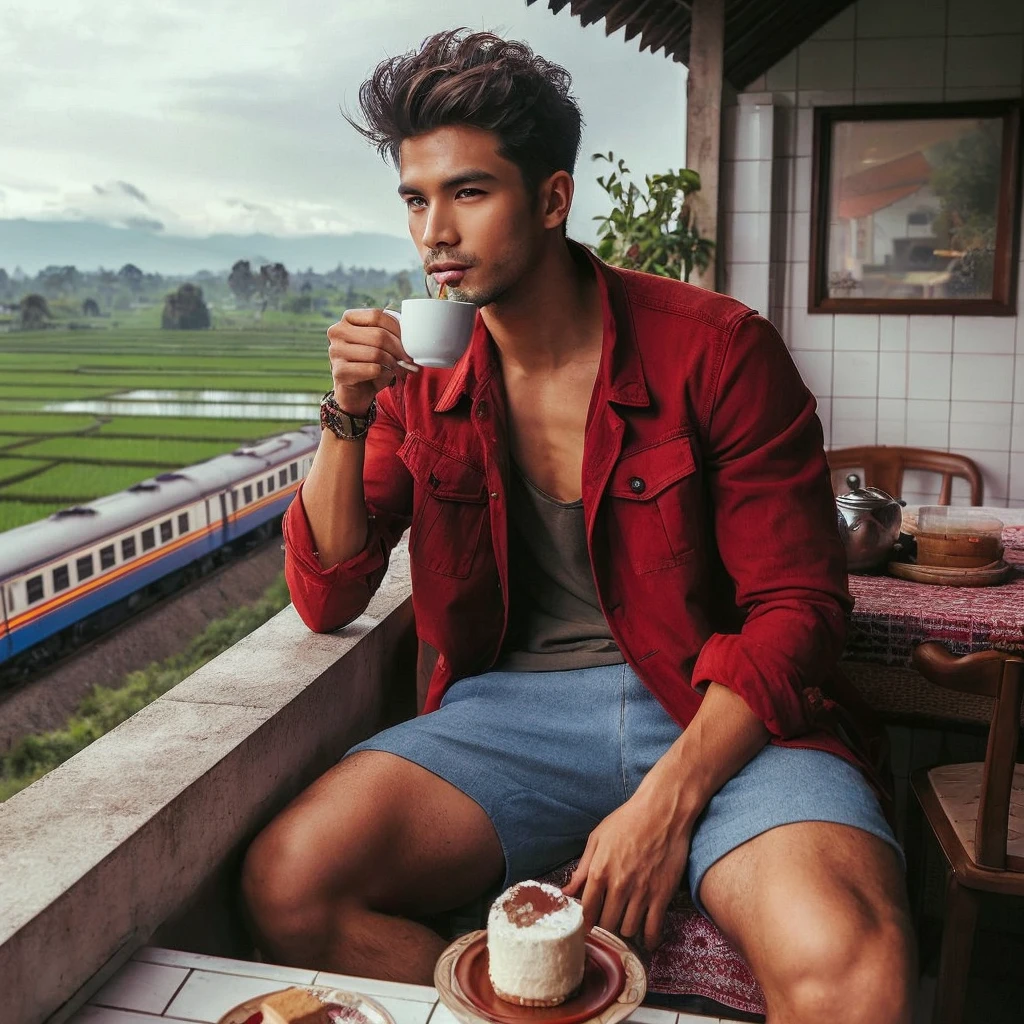 a handsome Indonesian Javanese man with very short hair, slightly slim body, red jacket, Shorts, drinking coffee, sitting relaxed on the terrace of a house at a height, there is a table where cake is served, under the terrace of the house there is a train running near the rice fields and the station,  