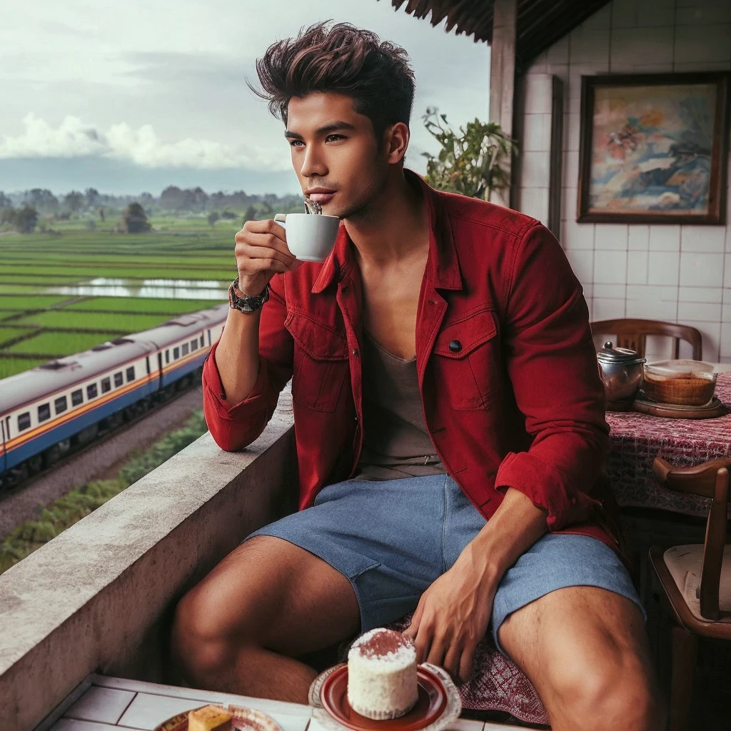a handsome Indonesian Javanese man with very short hair, slightly slim body, red jacket, Shorts, drinking coffee, sitting relaxed on the terrace of a house at a height, there is a table where cake is served, under the terrace of the house there is a train running near the rice fields and the station,