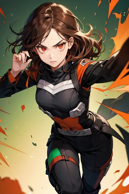 my hero academia style, a girl with red eyes, Brown hair, in a black suit with black boots with green and orange touches, small breasts, challenging and serious look.