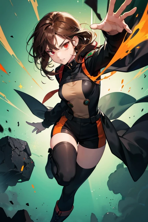 my hero academia style, a girl with red eyes, Brown hair, in a black suit with black boots with green and orange touches, small breasts, challenging and serious look.
