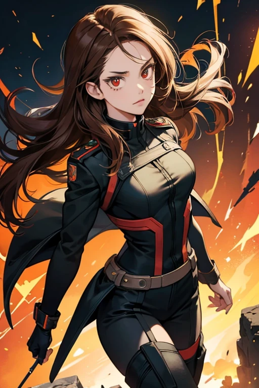my hero academia style, a girl with red eyes, Brown hair, in a black suit with black boots with green and orange touches, small breasts, challenging and serious look.