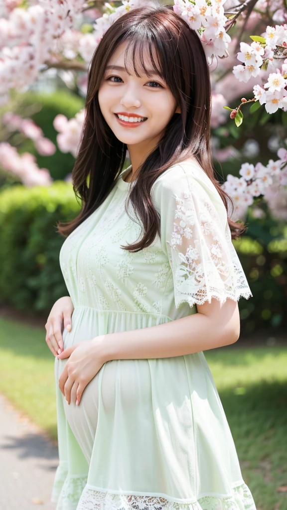 (highest quality、masterpiece、8k、Best image quality、Award-winning works)、1 female、A walk in the park、(pregnancy:1.1)、(alone:1.1)、(1 photo:1.1)、See-through maternity wear、Lace ornament、Perfect Makeup、thin、The biggest smile is looking at me、Standing full body photo、(Perfect Anatomy:1.2)、Blurred cherry blossoms in full bloom in the background,、big grass park、Refreshing atmosphere、very bright and vivid、Beautiful eyes in ultra-high resolution、Ultra high resolution perfect beautiful teeth、Ultra-high definition beauty face、Ultra HD beautiful hair、Perfect teeth alignment