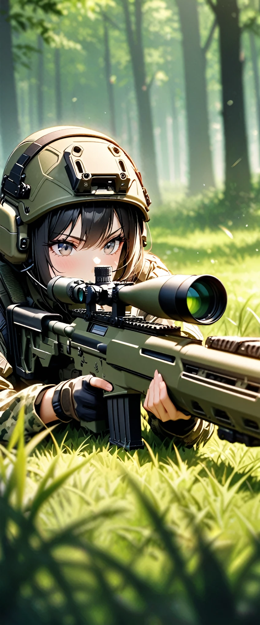 (masterpiece),(Highest quality),(High resolution),(Very detailed),8k,壁紙一人のwoman,woman,Japanese,Black Hair,Short Bob,(Beautiful Eyes,Long eyelashes,Beautiful Hair,Beautiful Skin),Serious,BREAK(((aim at something with a sniper rifle:1.4))),((Look through the scope and take aim:1.4))((Lie down in the grass:1.4)),((Sniper Rifle)),army camouflage uniform,Bulletproof vest, Combat Boots,Tactical Forster,Tactical Headset,Tactical Helmet,(The background is a dense forest),(((Background Blur)))