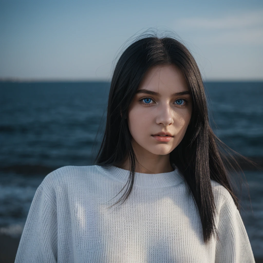 19 year old woman. long straight black hair, blue eyes, ghostly white skin. thin athletic. wearing a black sweater. 8k.UHD.Hyper-realistic
