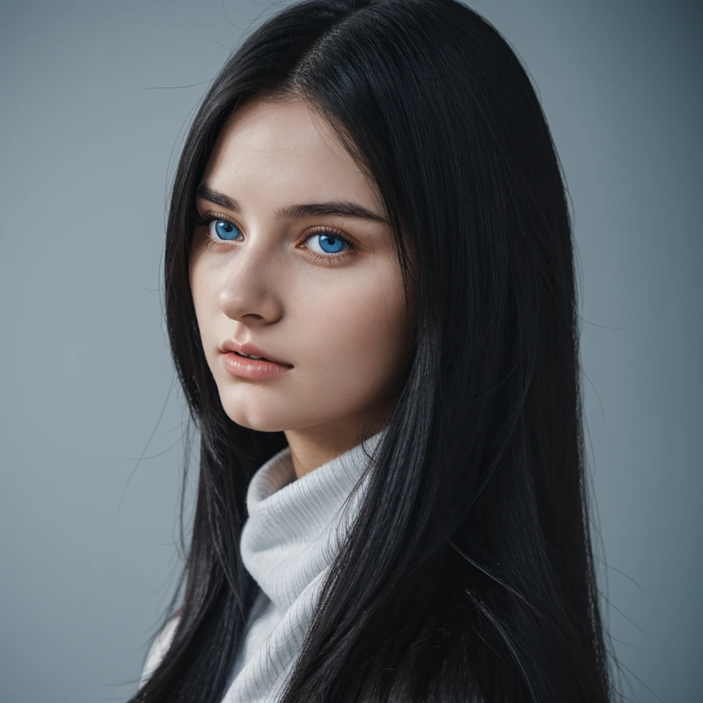 19 year old woman. long straight black hair, blue eyes, ghostly white skin. thin athletic. wearing a black sweater. 8k.UHD.Hyper-realistic