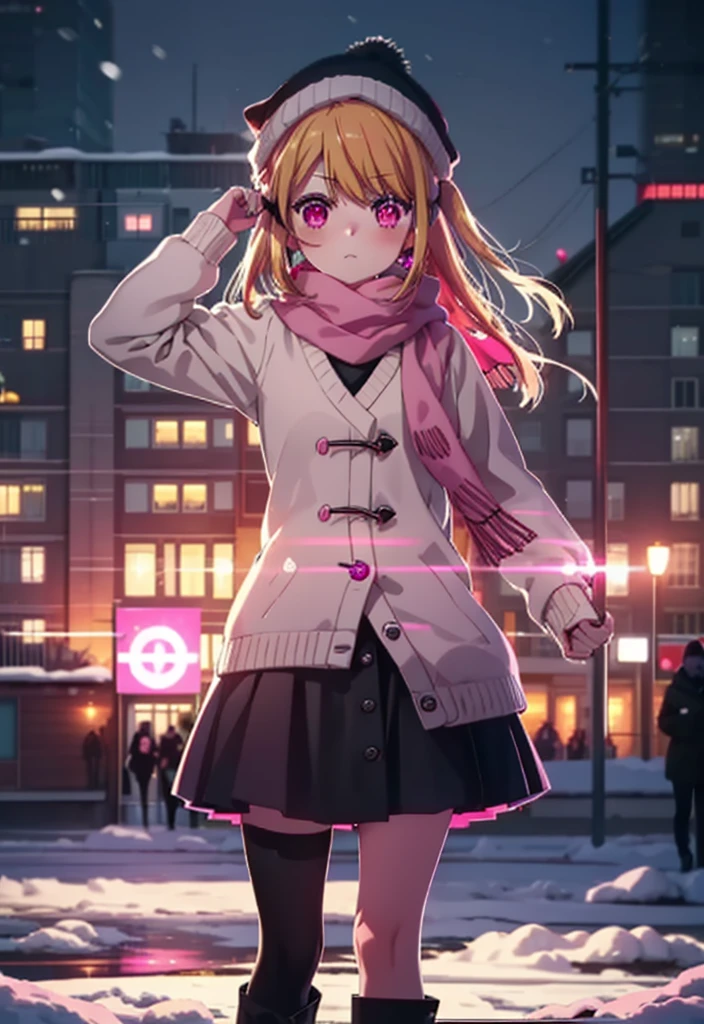 rubyhoshino, Ruby Hoshino, Long Hair, bangs, Blonde, (Pink Eyes:1.3), (Symbol-shaped pupil:1.5), Multicolored Hair, Two-tone hair, Earmuffs,Knitted hat,Purple Scarf,Red long coat,V-neck sweater,Long skirt,Black Pantyhose,short boots,snow,snow,snow,snow,snowが積もっています,snowが降る,whole bodyがイラスト入るように,Hiding in a roofed building,
break outdoors, construction area,
break looking at viewer, whole body,
break (masterpiece:1.2), Highest quality, High resolution, unity 8k wallpaper, (shape:0.8), (Beautiful attention to detail:1.6), Highly detailed face, Perfect lighting, Extremely detailed CG, (Perfect hands, Perfect Anatomy),