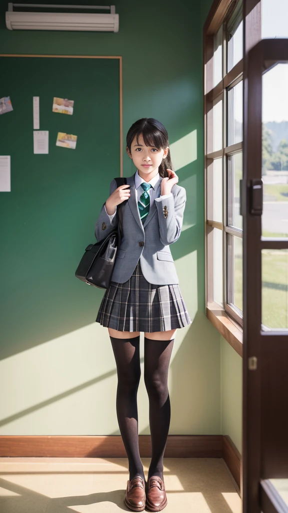 Super fine、8k、muste piece、(RAW photo:1.4)、High resolution、((Composition gradually moving away from the subject))、((Full body photo from face to shoes))、((perfect anatomy:1.2))、Standing sideways、Gaze looking up at the sky、beautiful profile、1 female 、detailed skin、glowing skin、baby face、doid、long eyelasheoist eyes、small face、smile、open your mouth、Neat and clean hairstyle、school hallway、stare out the window、Put your hands on the window and stretch out.、turn your body toward the window、Natural light comes in from the windows、Dreaminess、realistic school scenery、middle School girls、Ay school bag slung over my shoulder、、slender and delicate body、small breasts、Blazer uniform with green lines、girls 、plaid skirt、healthy、young female teenager、black tights、black tights、detailed black knee high socks、Detailed brown loafers leather shoes、loafers、full body shot、Neat and clean hairstyle、Emphasizes the rather slender leg line