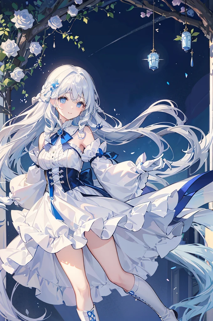 A woman with white hair and blue eyes、adult、Long, fluffy wavy hair、Braiding、Wearing hair ornaments、Smiling、Princess、White gloves、Blue-tinted dress、ribbon、Decorations such as roses and drops、race、The dress is short in the front and long in the back、Garter Ring、short boots、Fantasy
