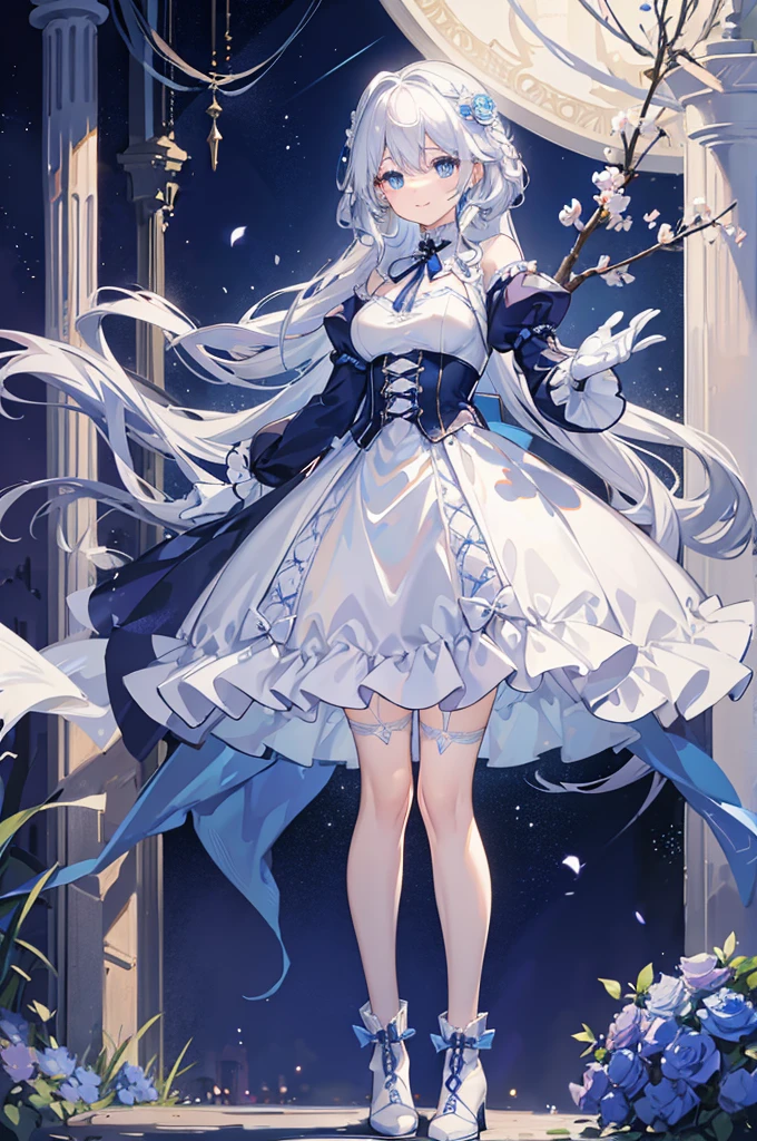 A woman with white hair and blue eyes、adult、Long, fluffy wavy hair、Braiding、Wearing hair ornaments、Smiling、Princess、White gloves、Blue-tinted dress、ribbon、Decorations such as roses and drops、race、The dress is short in the front and long in the back、Garter Ring、short boots、Fantasy