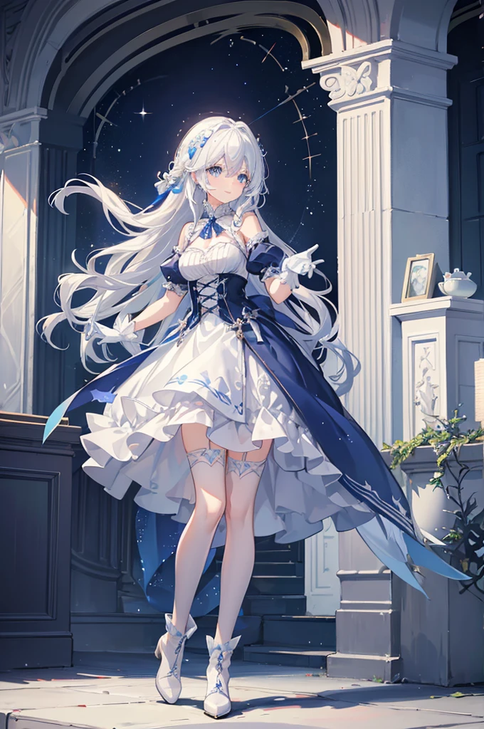 A woman with white hair and blue eyes、adult、Long, fluffy wavy hair、Braiding、Wearing hair ornaments、Smiling、Princess、White gloves、Blue-tinted dress、ribbon、Decorations such as roses and drops、race、The dress is short in the front and long in the back、Garter Ring、short boots、Fantasy