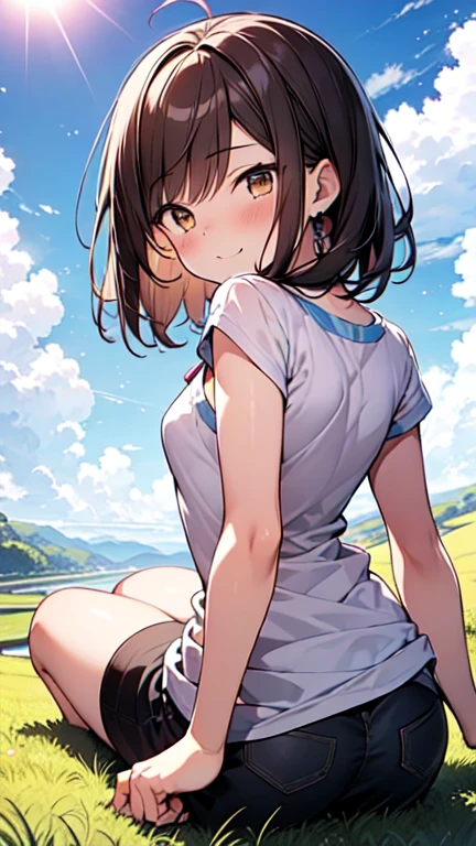 Let's think step by step,Highest quality, masterpiece, Ultra-high resolution, 8k,Show anime style ,Soft Line Art, Digital Enhancement, shojo anime touch, shojo manga core, Flowing fabric, close, Soft Drawing, Ultra-Definition Digital Anime Art, Clear facial depiction, Super detailed girl cartoon character art, Ultra-detailed manga style, Highest qualityの色,
(((1People Women))),(A woman with short brown hair),Beautiful brown hair, (((Clear brown eyes))), Slightly chubby,Small breasts,The butt is small,
grassland,White and blue summer outfit,Sunshine shining through the gaps in the clouds,Looking up at the sky,(((Look Up))),looking away,The sunshine hits my face,dazzling,Hold your right hand over your eyebrows to block the sunlight.,(((arm front ahead))),Bright expression,A kind smile,Angle that allows you to see all the way to your toes