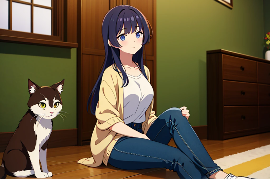 "Modern living room with bright and cozy tones. In the middle of the room, a guy about 20 years old, wearing a white shirt and jeans, stood with a surprised look on his face. Around him are four human-turned-cat girls, Each person has a unique appearance and personality. Mymy (Change) 142 cm tall, short hair cut with bangs, dressed in adorable outfits and laughing or playing with a puppy. Lucy (Sad girl) 167 cm tall, long hair covering one eye, Wear sexy yet elegant outfits, stand near the main character with a serious expression. Not yet (Hot girl) 170 cm high, long hair cut into two bangs, wear attractive outfits, may be talking or directing others. ShuBi (Shota) 145 cm tall, long puffy hair, wear cute outfits, sitting and eating chocolate
