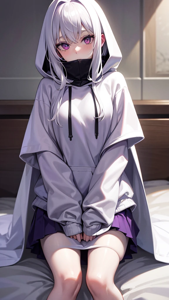 Pale introvert, hiding inside oversized hoodie, curling up in bed, crossed legs, hoodie covering mouth, pale skin, white hair, purple eyes, hiding in hoodie