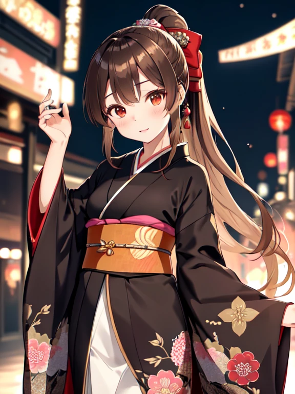 Long-sleeved kimono, Cute face:1.5, Petite:1.5, 15 years old, Long Hair:1.5, ponytail, Brown Hair, Small breasts, uhd, retina, masterpiece, ccurate, anatomically correct, textured skin, super detail, high details, high quality, best quality, highres, 4K