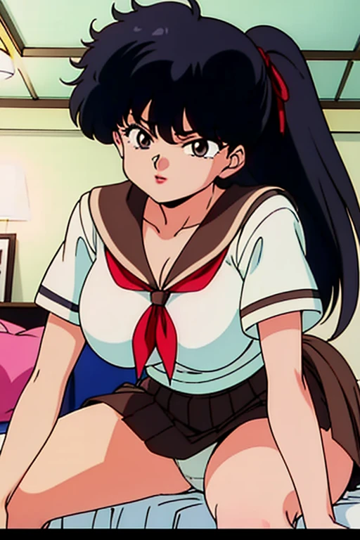 Highest quality, High resolution, 1990s \(style\), retro artstyle, 1990s anime cels style, Bedroom, kodachi kuno, Sitting on bed with legs open, Short-sleeved sailor suit, Brown sailor color, Brown pleated skirt, Red ribbon, Side Tail, (Dressed:1.3), Big Breasts、Cleavage、Open collar、Big thighs、White panties、Angle from below、Leaning forward and peering at me、White socks