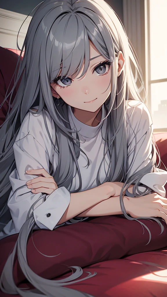 Gal、Lying down、Looks sleepy、hair is gray、laughing、Around 25 years old、Anime style illustration long hair,