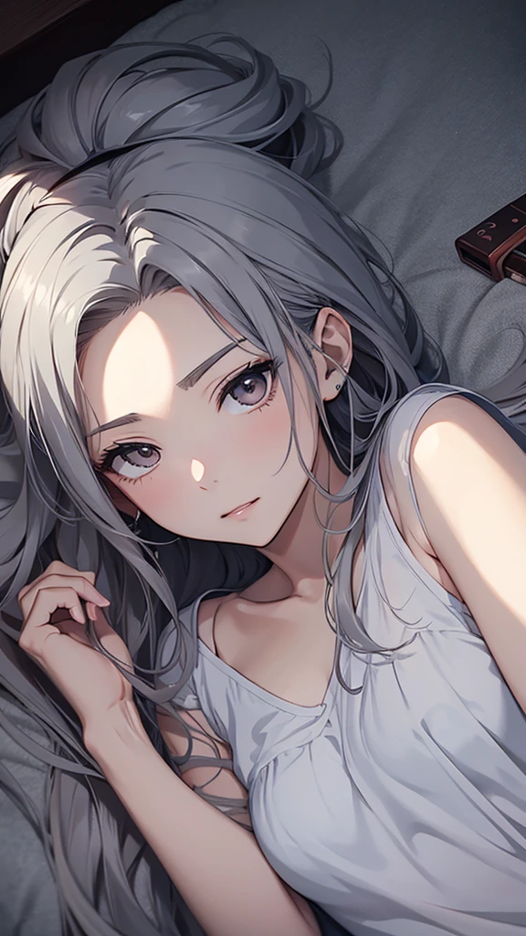 Gal、Lying down、Looks sleepy、hair is gray、laughing、Around 25 years old、Anime style illustration long hair,