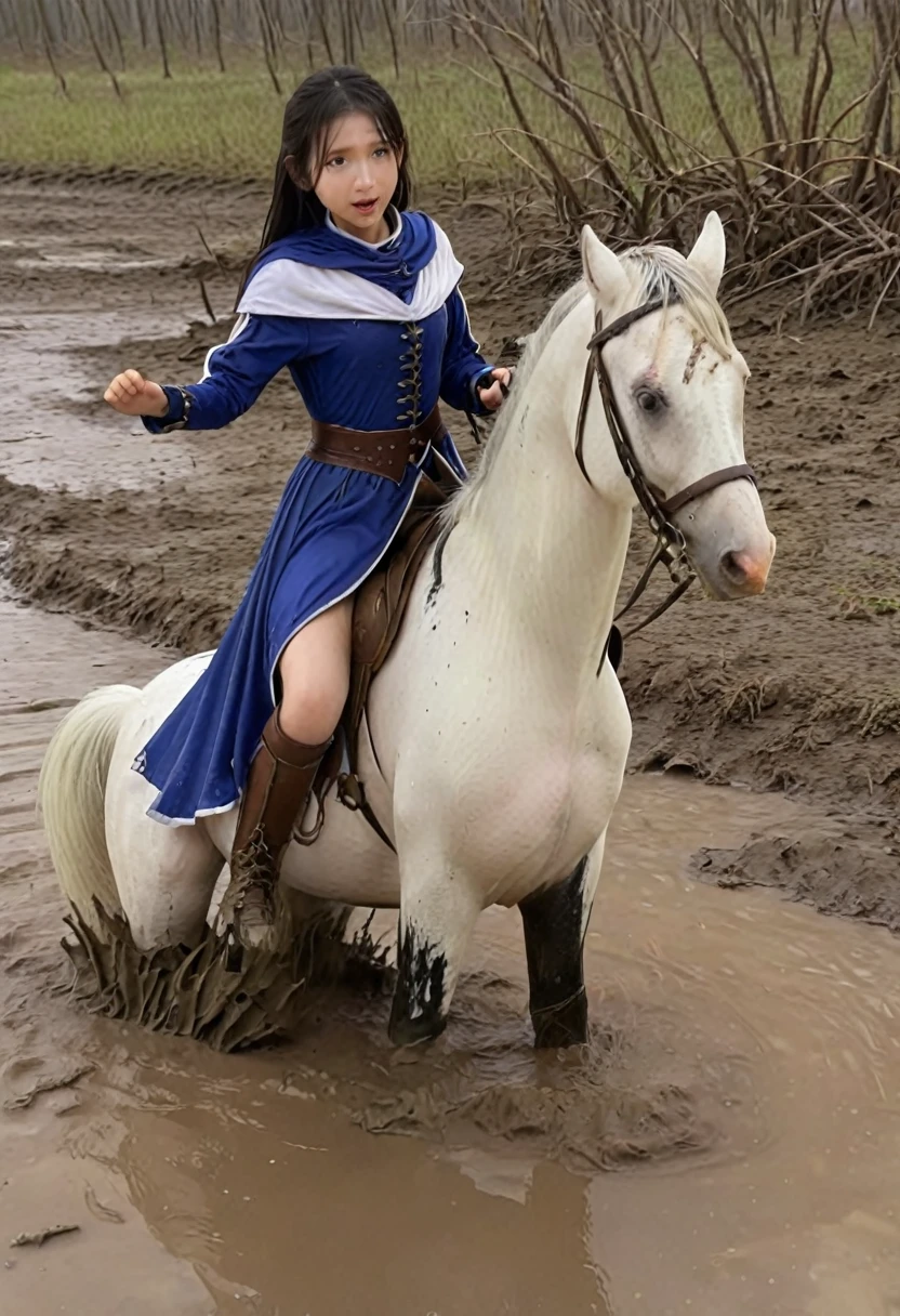 Anatomically correct構図,stuck in mud,(((masterpiece))),(((Highest quality))),((Tabletop:1.4, Highest quality)), (Realな写真:1.4), in the muddy ,dirty swamp,black hair and white horse ridden by girl meet with an accident that it fall over sticky swamp,
((1 cute girl knight)),rodeo,horse standing,Surprised face,stumble,aggressive,slouch,horse standing, prancing horse in pitfall,cute,Napoléon horse sliped in pitfall,in the pitfall,Uplifting,Knight Princess,
(超High resolution:1.2),, wonderful, Very detailed CG Unity 8k wallpaper, Very detailed, High resolution,fat horse ridden by japanese girl,Double,Royal blue armor and short cloak,Soaking in the swamp,Mud Splash,
Soft Light, Beautiful detailed girl, Droopy eyes,Very detailedな目と顔, Beautiful and exquisite nose, Beautiful and exquisite, horse ridden by a girl can't stand up because its drowned in the sticky muddy pitfall:10.0 ,Displeased face:4.0,Real,Stir,Anatomically correct,action horse riding scene while struggle fighting