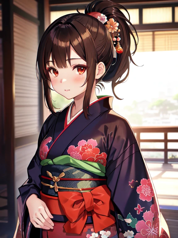 kimono, Cute face:1.5, Petite:1.5, 15 years old, Long Hair:1.5, ponytail, Brown Hair, Small breasts, uhd, retina, masterpiece, ccurate, anatomically correct, textured skin, super detail, high details, high quality, best quality, highres, 4K