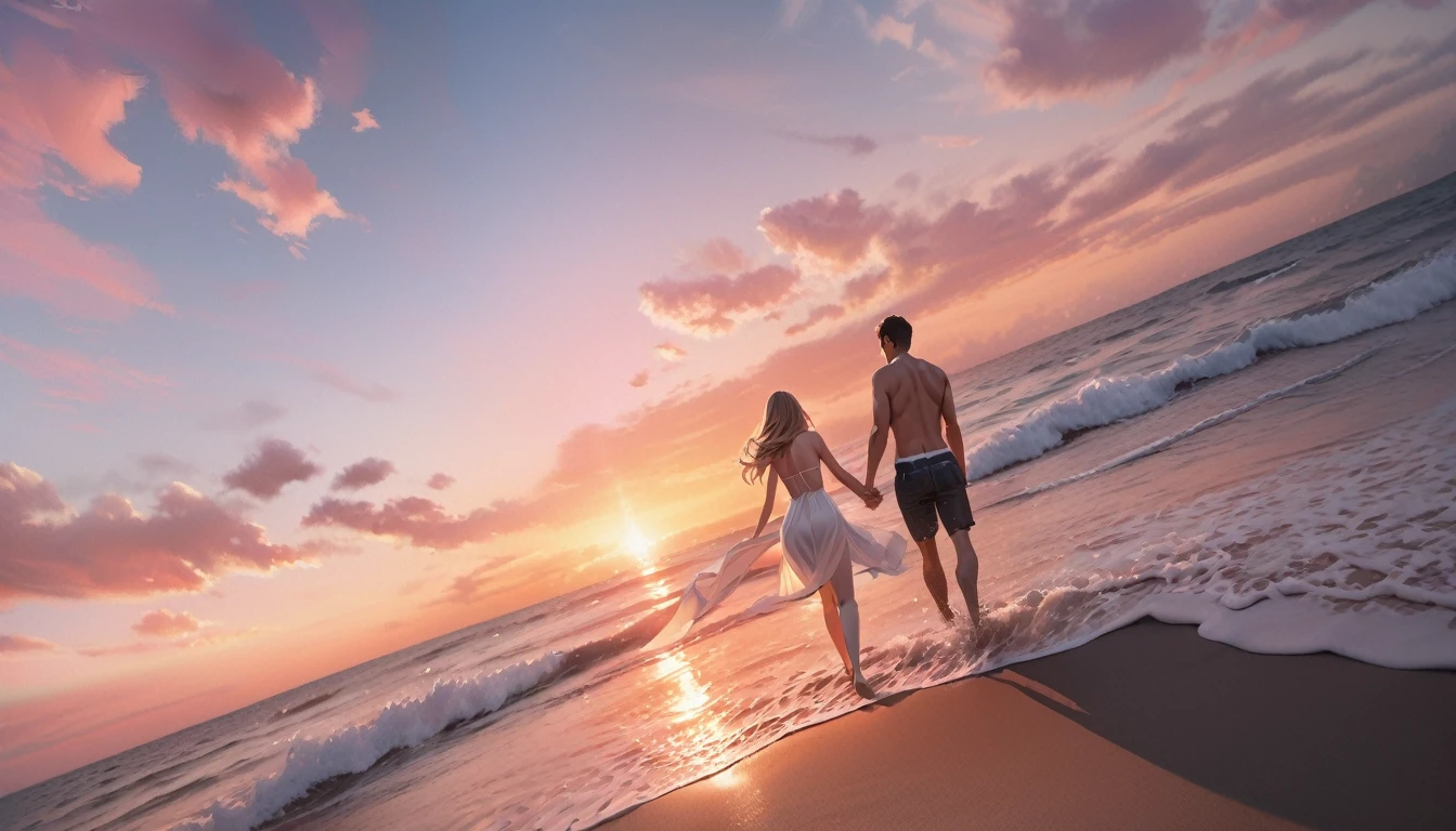 (best quality, masterpiece, ultra detailed, ultra high res, photorealistic, raw photo, absolutely resolution), A couple holding hands at sunset on a beach, with warm orange and pink hues in the sky, symbolizing love and hope despite challenges