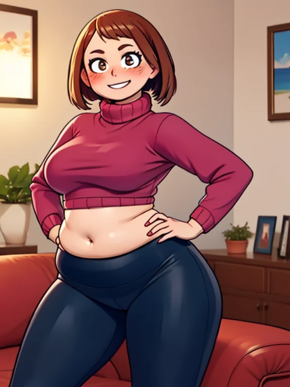 high quality, best quality, beautiful, perfect lighting, detailed face, mature face, slight wrinkles around the face, ((1girl)), ((solo)), Imagine Ochaco Uraraka as an adult, 45 years old, MILF, plus sized milf, short brown hair, brown eyes, ((blush)), smile, looking at viewer, black leggings, red turtleneck sweater, ugg boots, ((medium breasts)), wide hips, thick thighs, chubby, love handles, muffin-top, round belly, living room, hands on hips,
