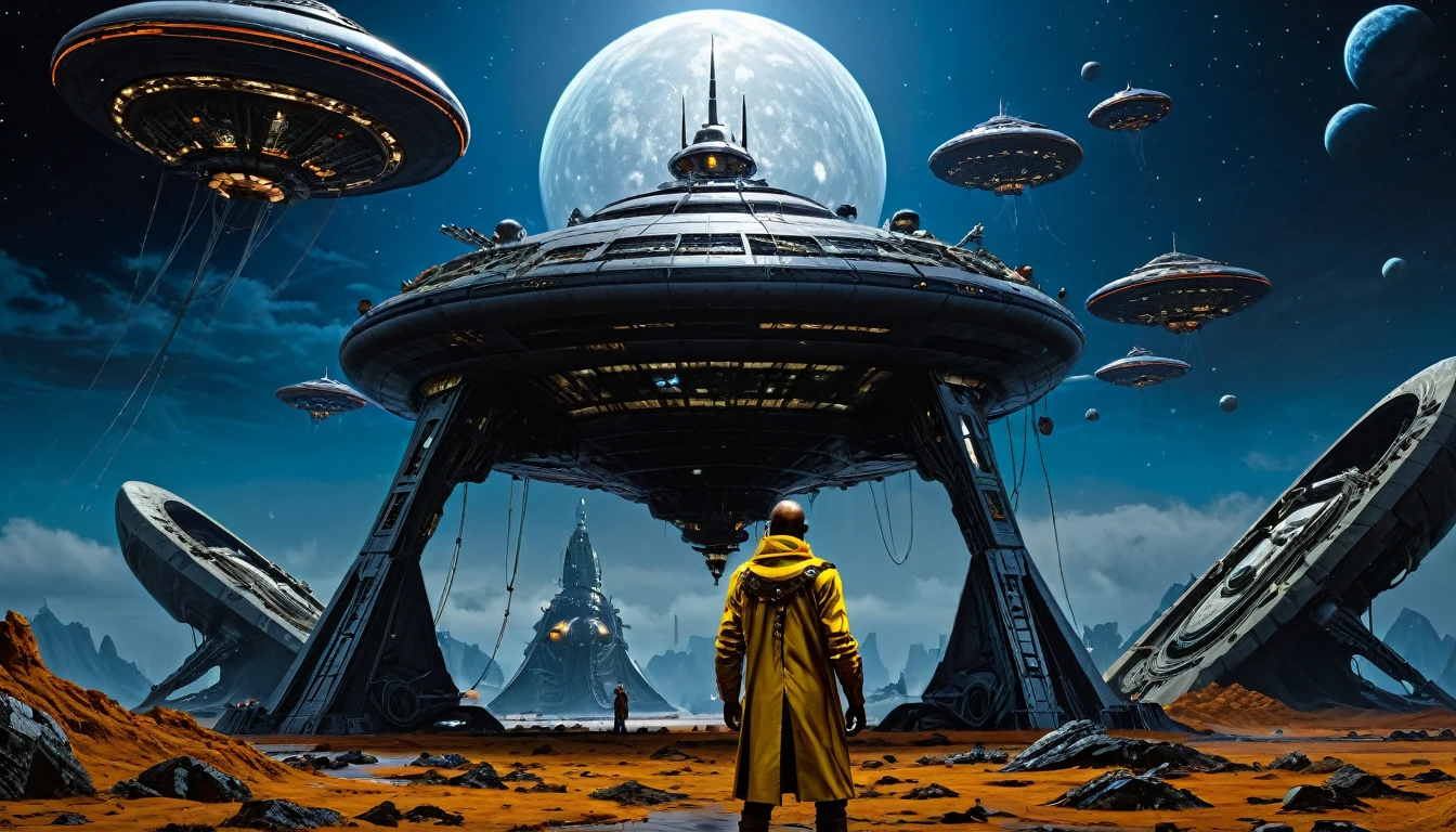 in (medium full shot:3.1) of various characters with a starship in the background a film for (slaves from beyond infinity:2.5), futuristic apocalypse, detailed, moody, epic, altered reality, insane, disgusting, disturbing, impactful, inspired by Clyde Caldwell and Ed Emshwiller, stalenhag, (with Creepy, Sci- Fi, Fantasy and Horror: 2.9) retro sci-fi, horror film, detailed body, Kodak Vision3, (intricate details: 2.4), ( hyperdetail: 3.1), (8k resolution: 3.1), (high detail: 4.1), lots of details, high quality, soft light (cinematic: 3.3), masterpiece, dramatic atmosphere, atmospheric perspective, (impactful art: 2.8), rich colors, 3D rendering