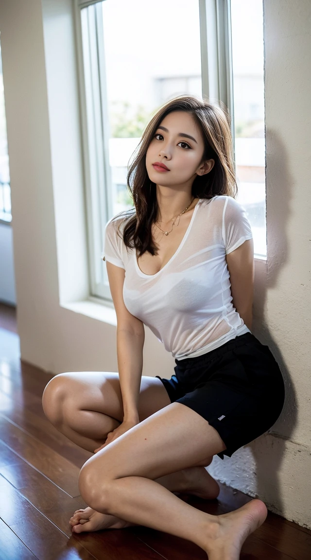 Dark brown hair、Light brown eyes、Japanese actress、 Lady、I am about 40 years old.......、(Intricate details:1.2)、 (Ultra-high resolution:1.2)、Ultra-high resolution、(Fine-tune)、(Detailed facial features)、Hmph、8k resolution、D cup size breasts、night、Sunlit terrace room、Large windows、Extravagant space、relax、、,Full body photo、Head to toe shot、Beautiful feet、black Loose fit openwork T-shirt、Underwear shorts、Beautiful feet、Bright terrace room with sunlight streaming in、she, household items, (plant:0.8), Fashion Hub, Very detailed, Very detailed, Realistic, Hourglass Shaped Body, Obscene pose,、Messy Hair、Messy ponytail、Leaning against a wall、I cry a lot、tears、Skin is visible through the knit、White floor、White wall、A masterpiece of transparent painting、